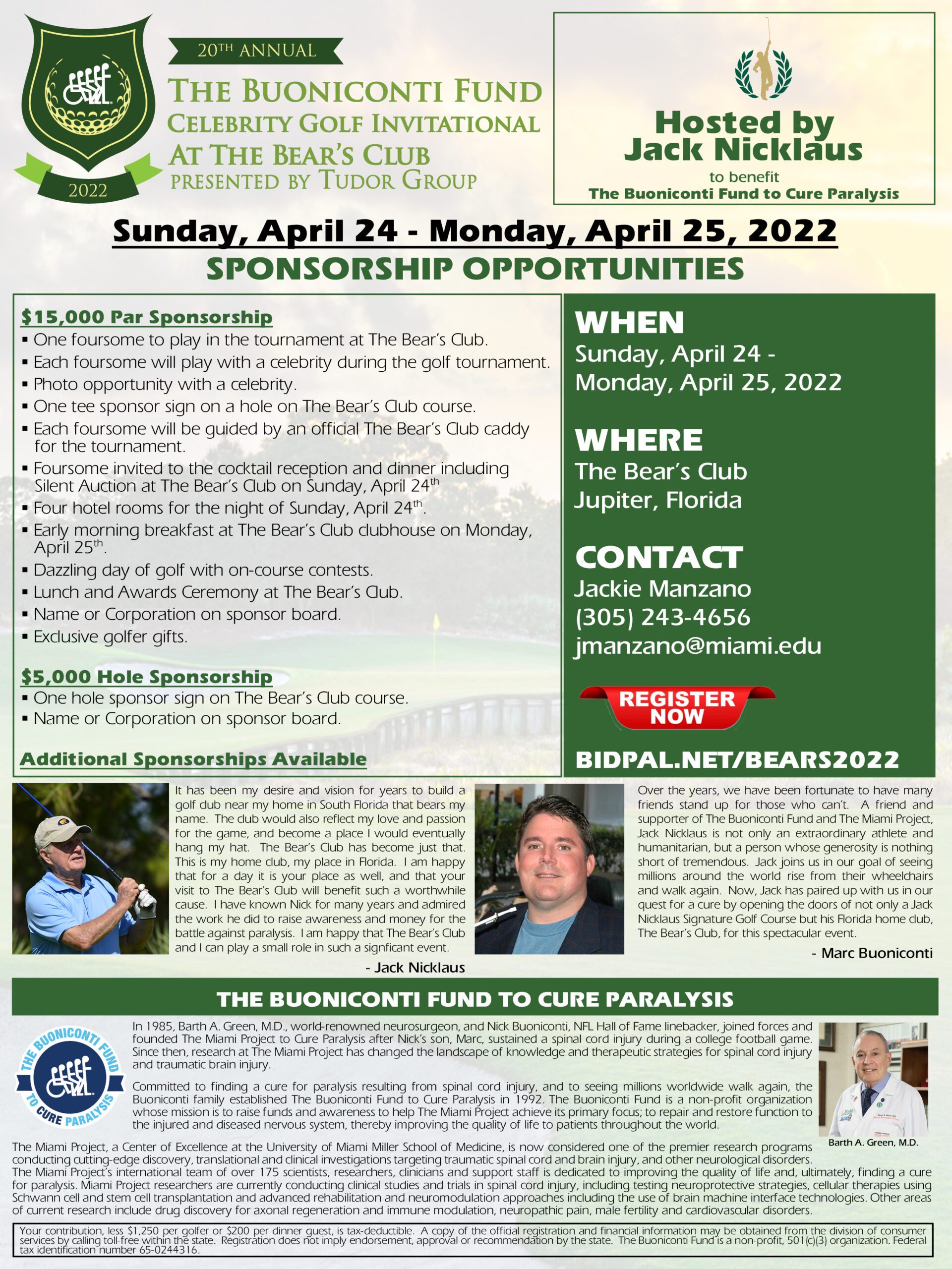 20th Annual Buoniconti Fund Celebrity Golf Invitational with Jack Nicklaus presented by Tudor Group